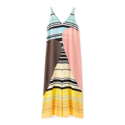Sunset Spectrum Silk Maxi Dress – Modern Geometry Meets Summer Ease