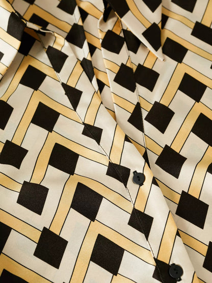 Golden Maze Satin Shirt Dress – Black & Gold