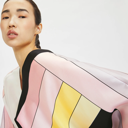 Pastel Wave Silk Kaftan Top with Black Pleated Wide-Leg Pants