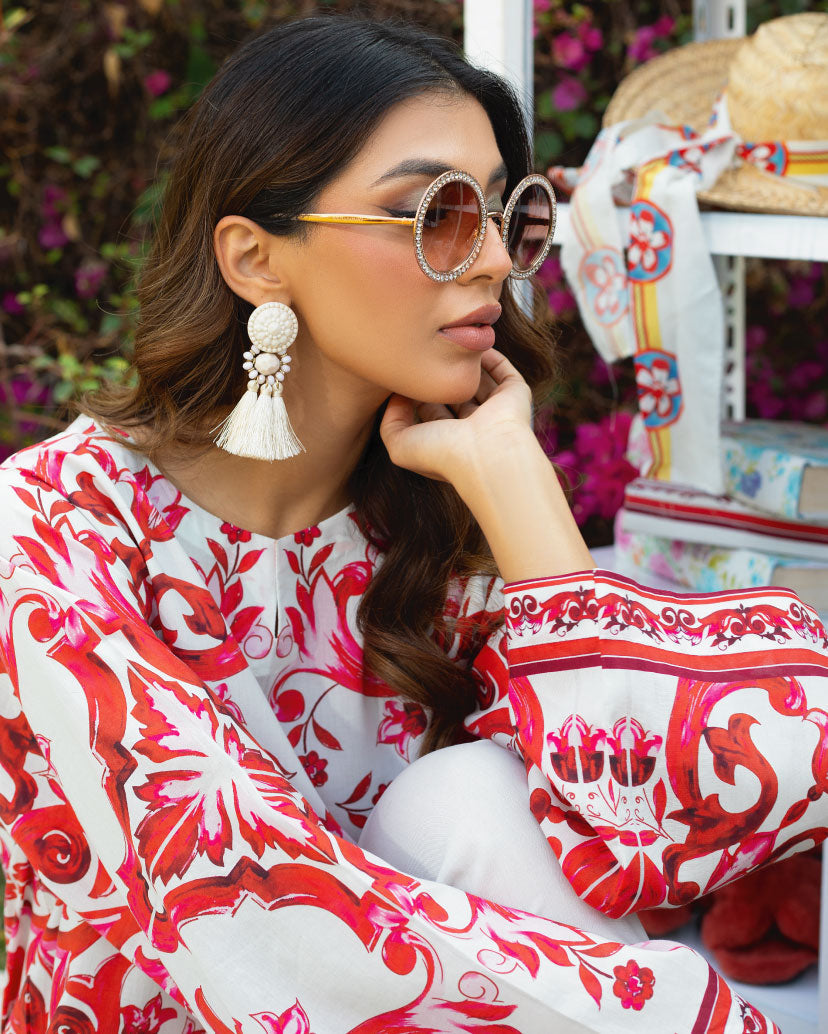 Crimson Bloom Printed Co-ord Set – Ivory & Red