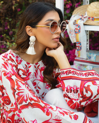 Crimson Bloom Printed Co-ord Set – Ivory & Red