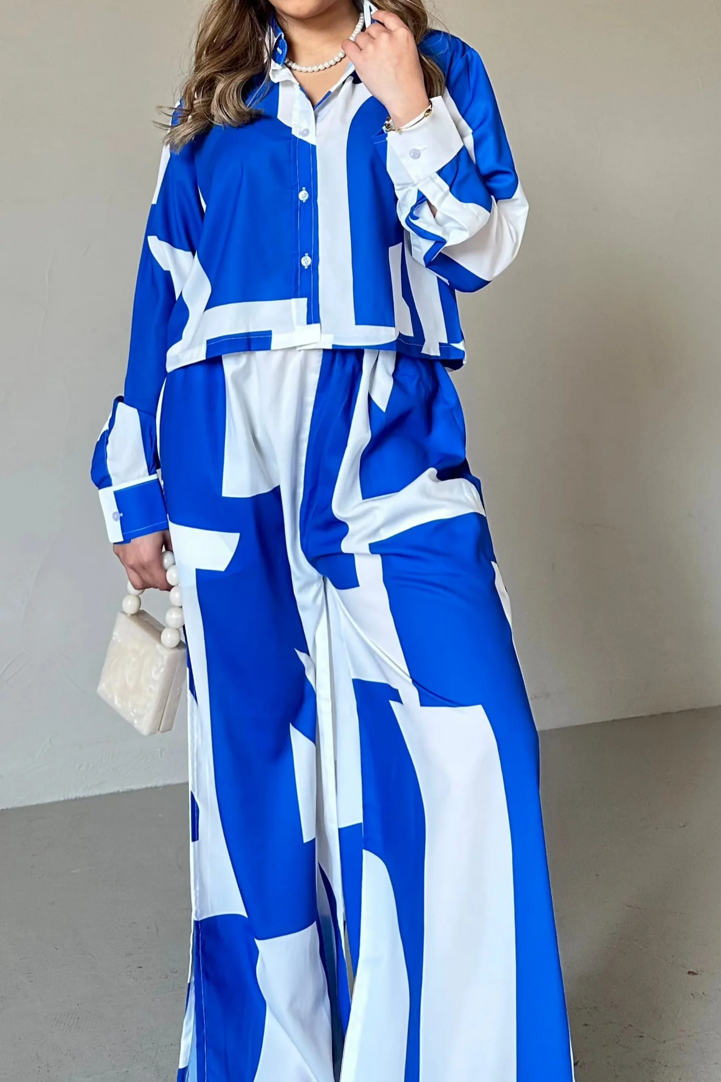 Azure Geometry Co-ord Set – Electric Blue & White Statement Wear