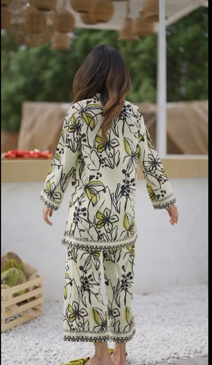 Noir Bloom Floral Printed Co-ord Set – Cream & Mustard