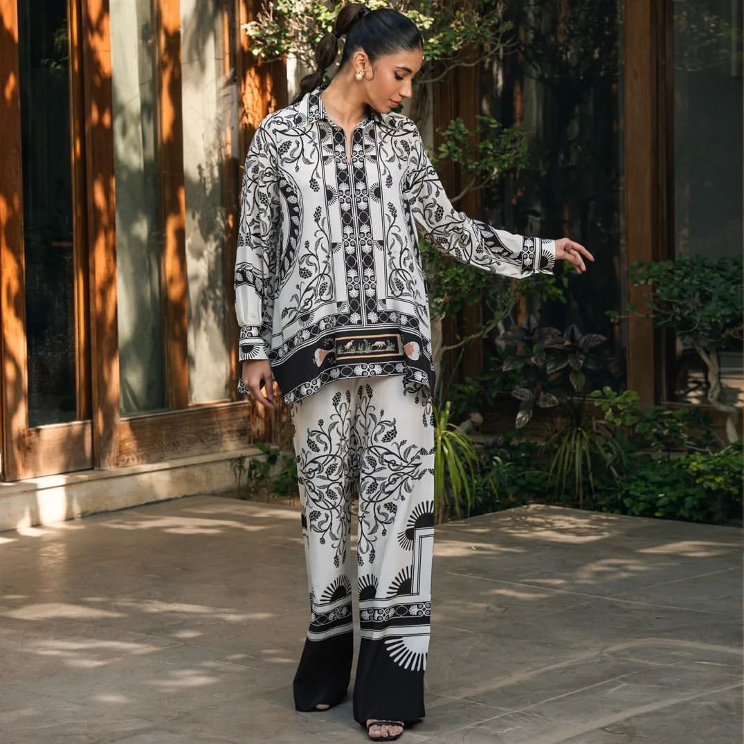 Ethereal Noir Printed Co-ord Set – Black & White Elegance