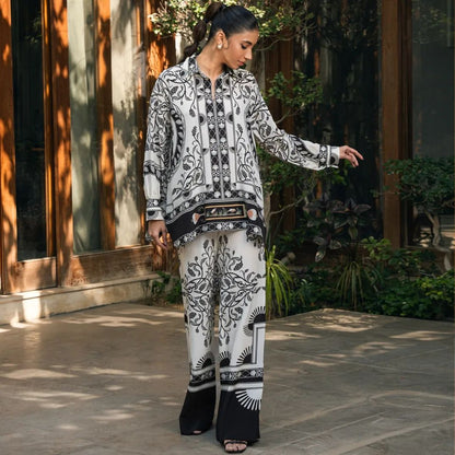 Ethereal Noir Printed Co-ord Set – Black & White Elegance