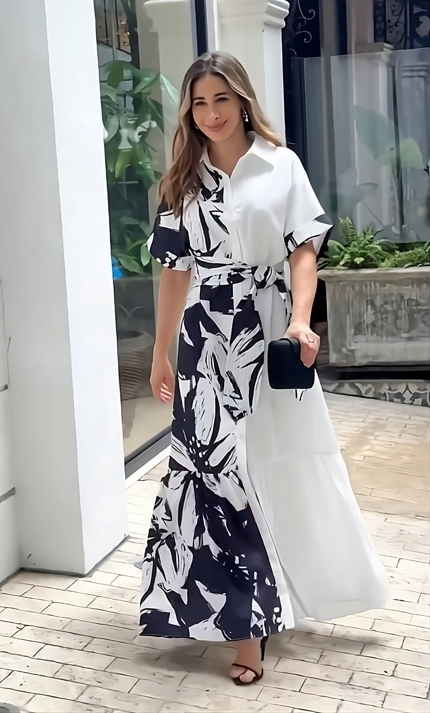 Monochrome Bloom Belted Maxi Shirt Dress – Black & White