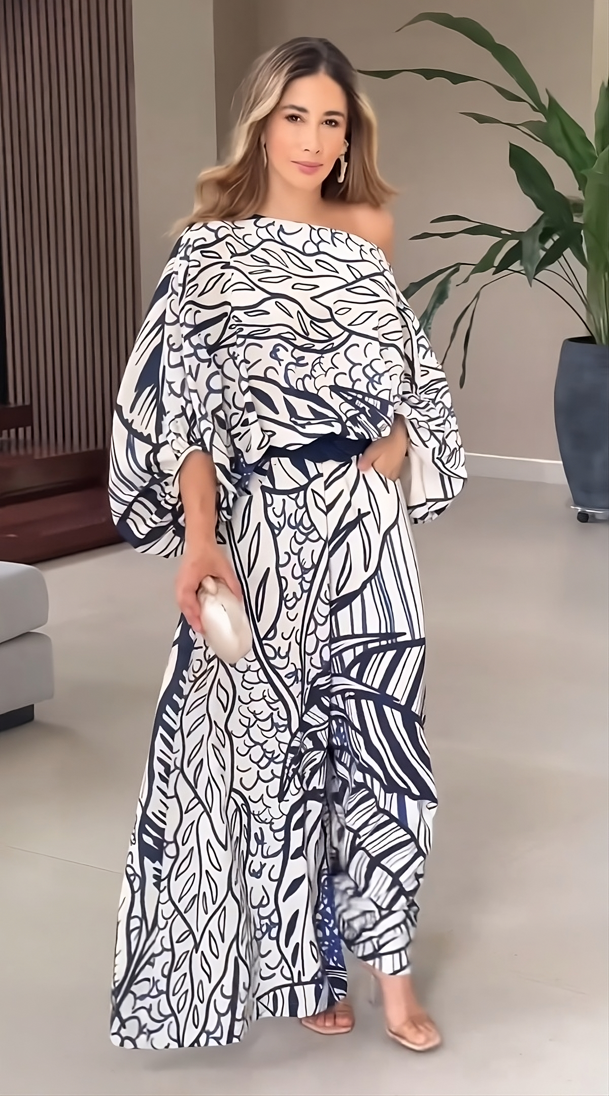 Azure Bloom One-Shoulder Printed Co-ord Set – White & Navy