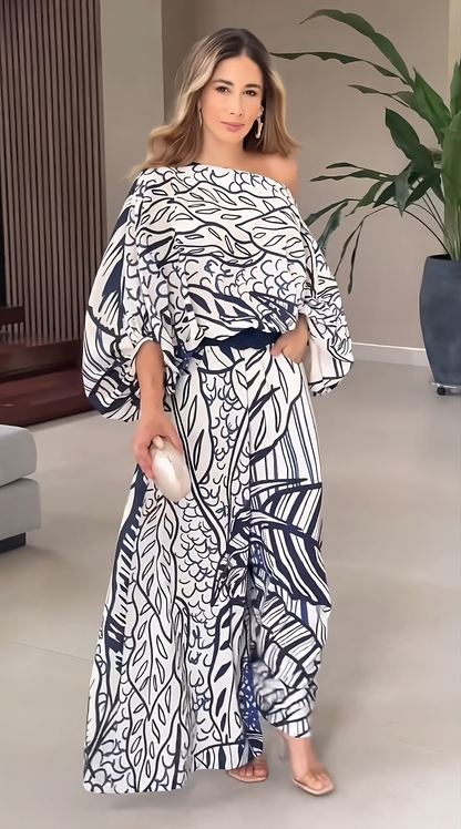 Azure Bloom One-Shoulder Printed Co-ord Set – White & Navy