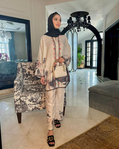 Mystic Forest Co-ord Set – Ivory with Monochrome Nature Print