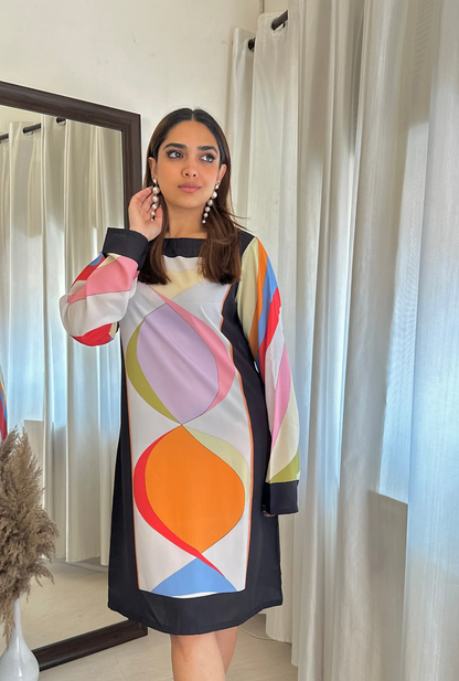 Geometric Colorblock Silk Shift Dress – Multicolor Elegance