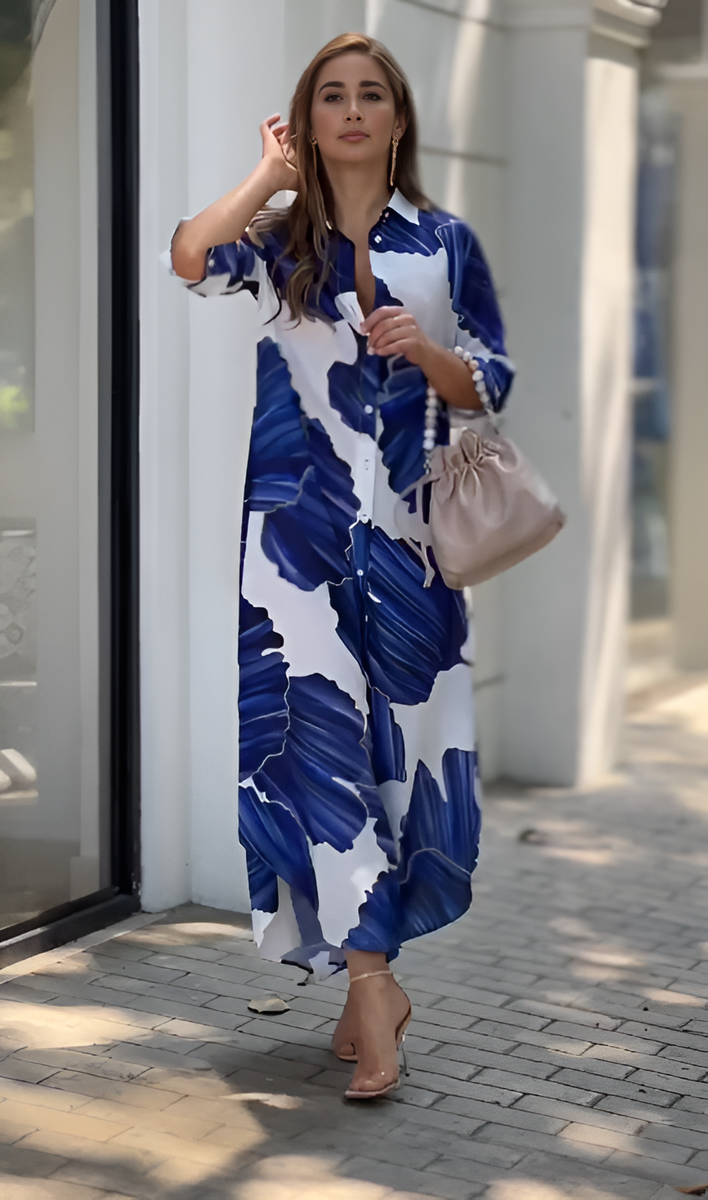 Ocean Bloom Abstract Maxi Shirt Dress – Blue & White
