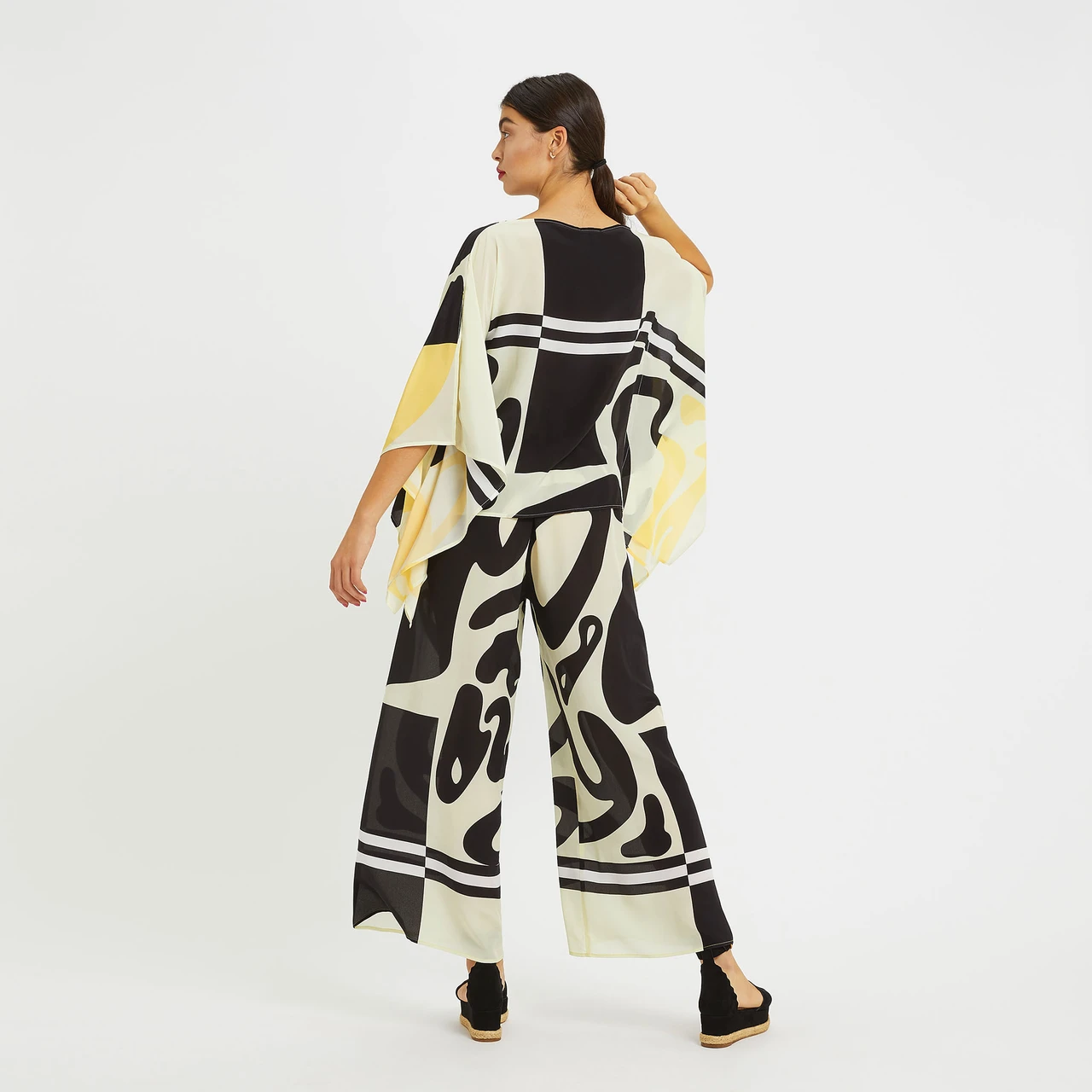 Black & Ivory Abstract Silk Co-ord Set (Kaftan Top & Wide-Leg Pants)