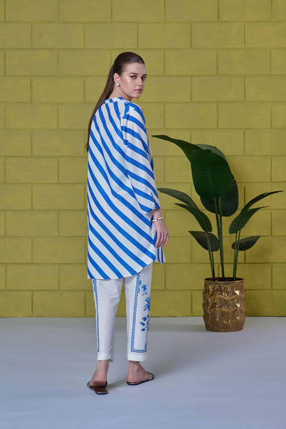 Santorini Breeze Co-ord Set – Blue & White Striped Floral