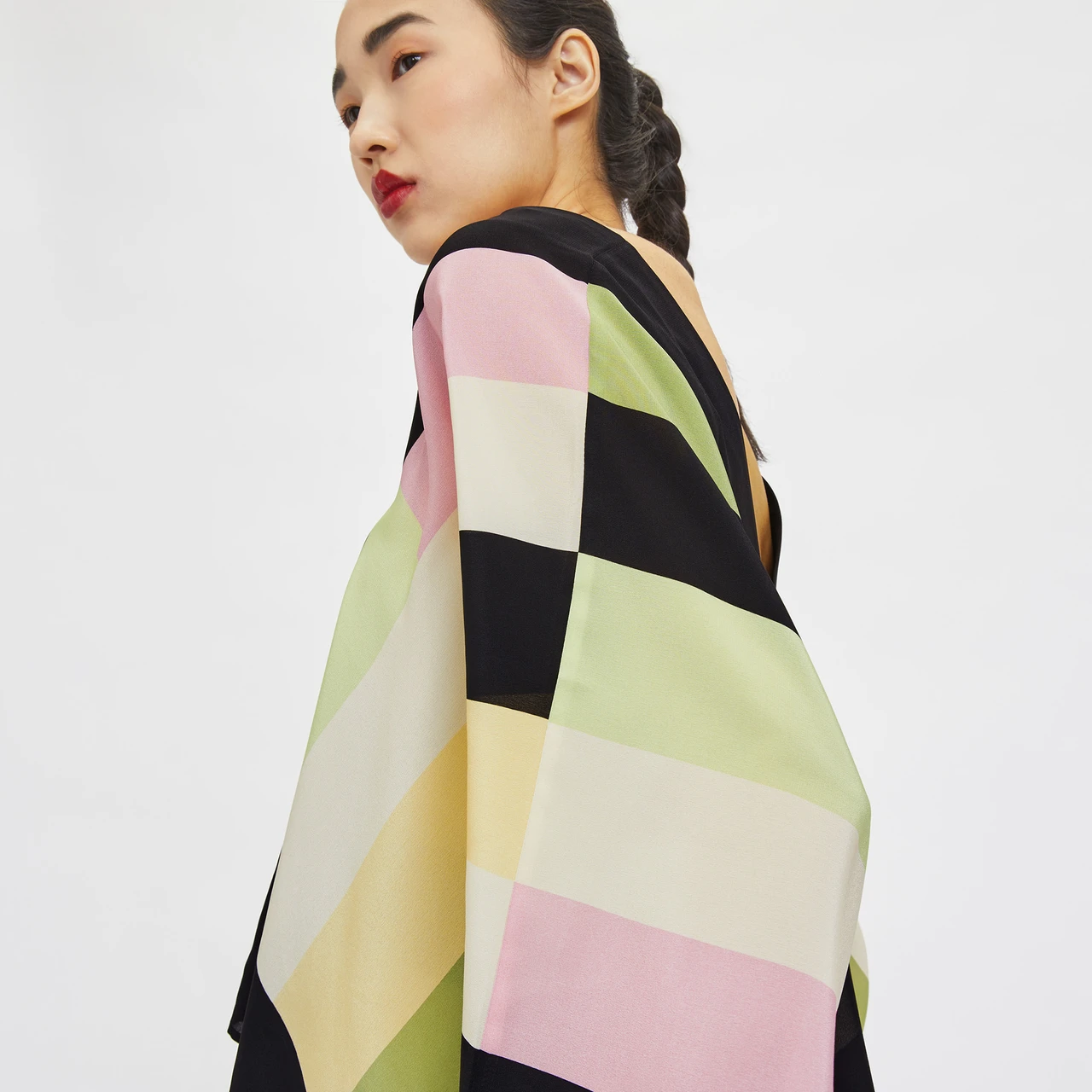 Multicolor Block Print Silk Co-ord Set (V-Neck Kaftan Top & Wide-Leg Pants)