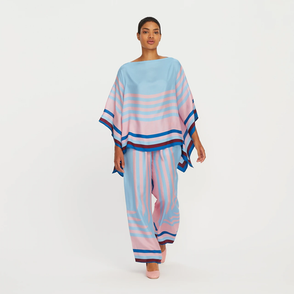Pastel Blue & Pink Striped Silk Co-ord Set (Kaftan Top & Wide-Leg Pants)