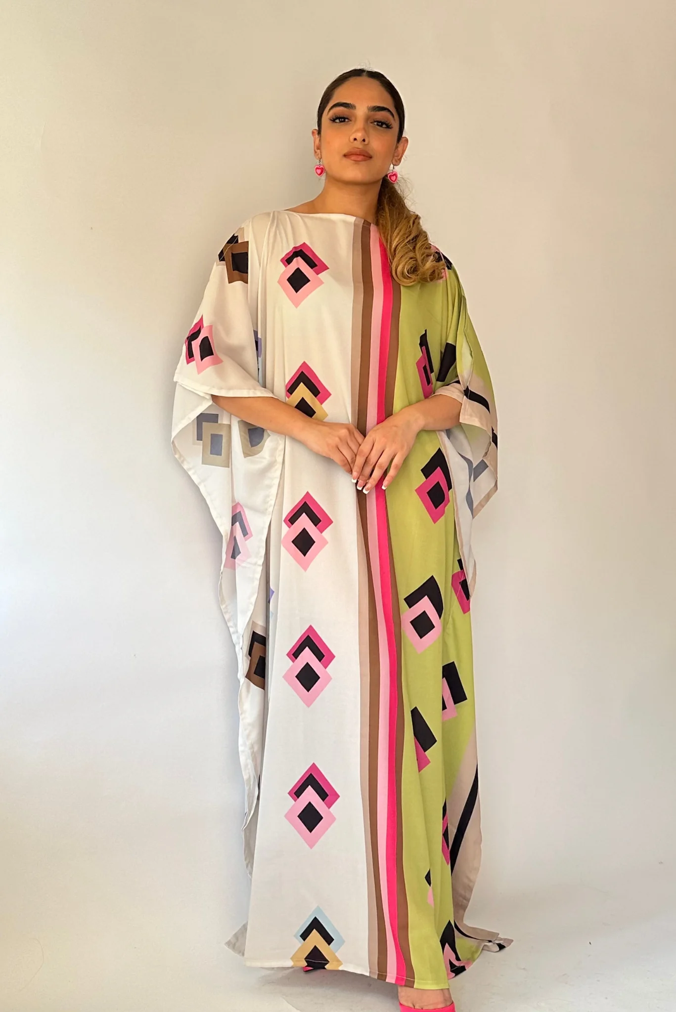 Neon Geo Silk Kaftan Dress – Vibrant Luxe Edition