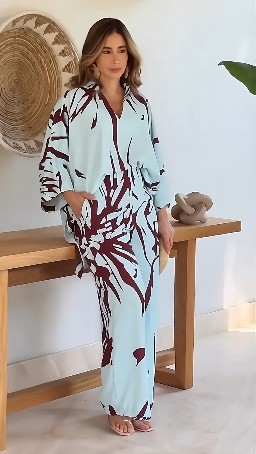 Celeste Wave Printed Co-ord Set – Sky Blue & Maroon