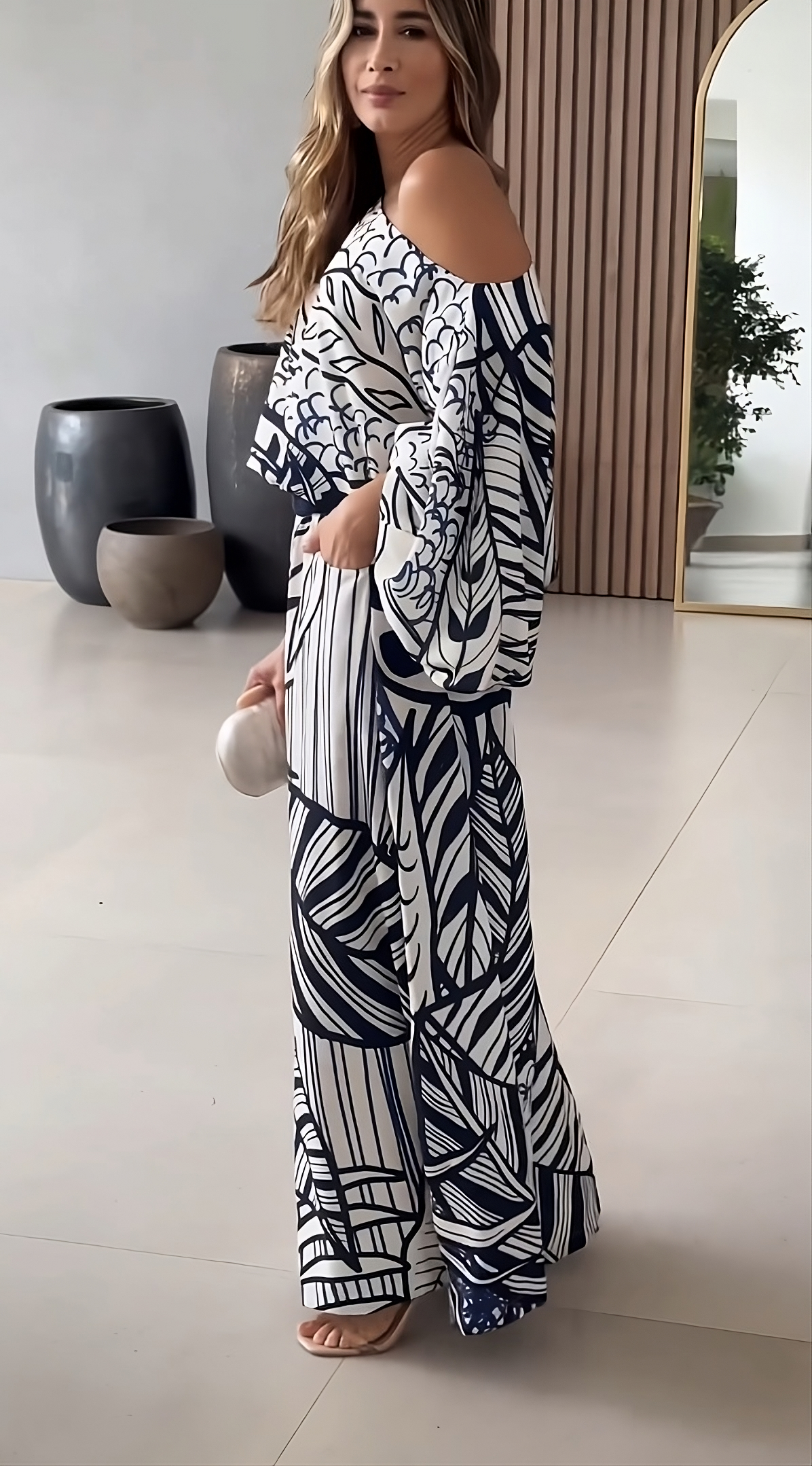 Azure Bloom One-Shoulder Printed Co-ord Set – White & Navy