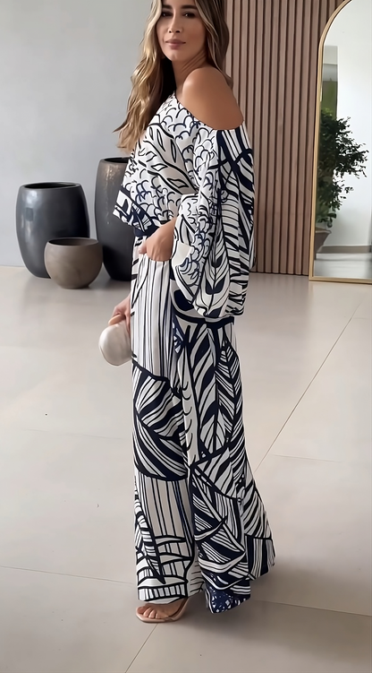 Azure Bloom One-Shoulder Printed Co-ord Set – White & Navy