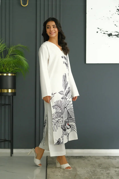 Eden Noir Co-ord Set – White with Black Botanical Print