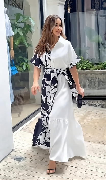 Monochrome Bloom Belted Maxi Shirt Dress – Black & White