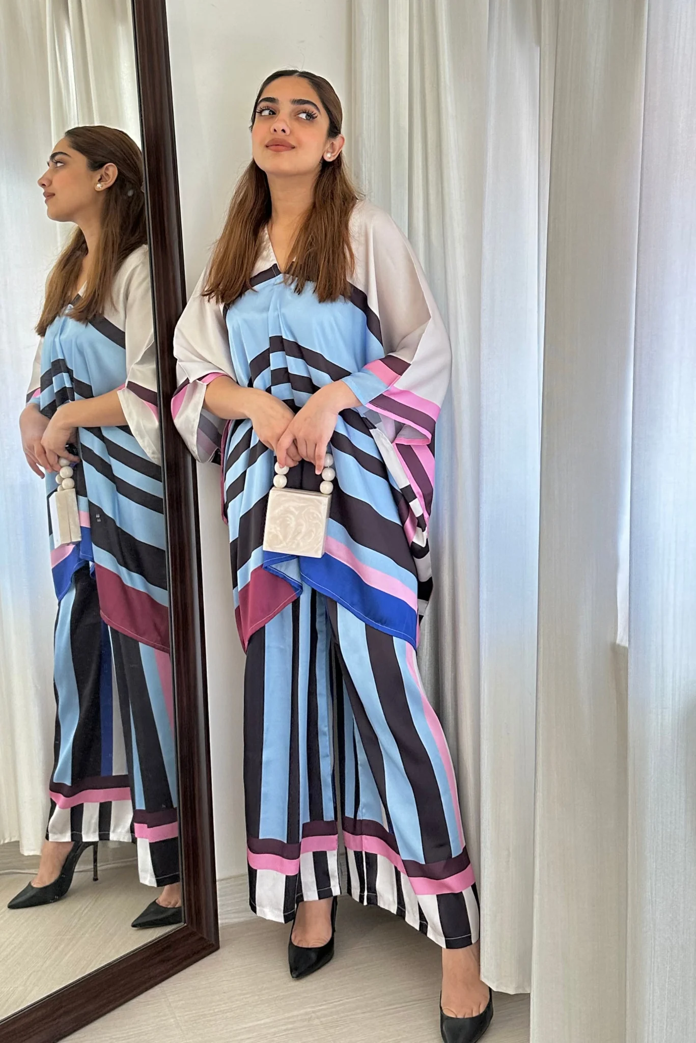 Azure Striped Kaftan Set – Modern Elegance in Motion