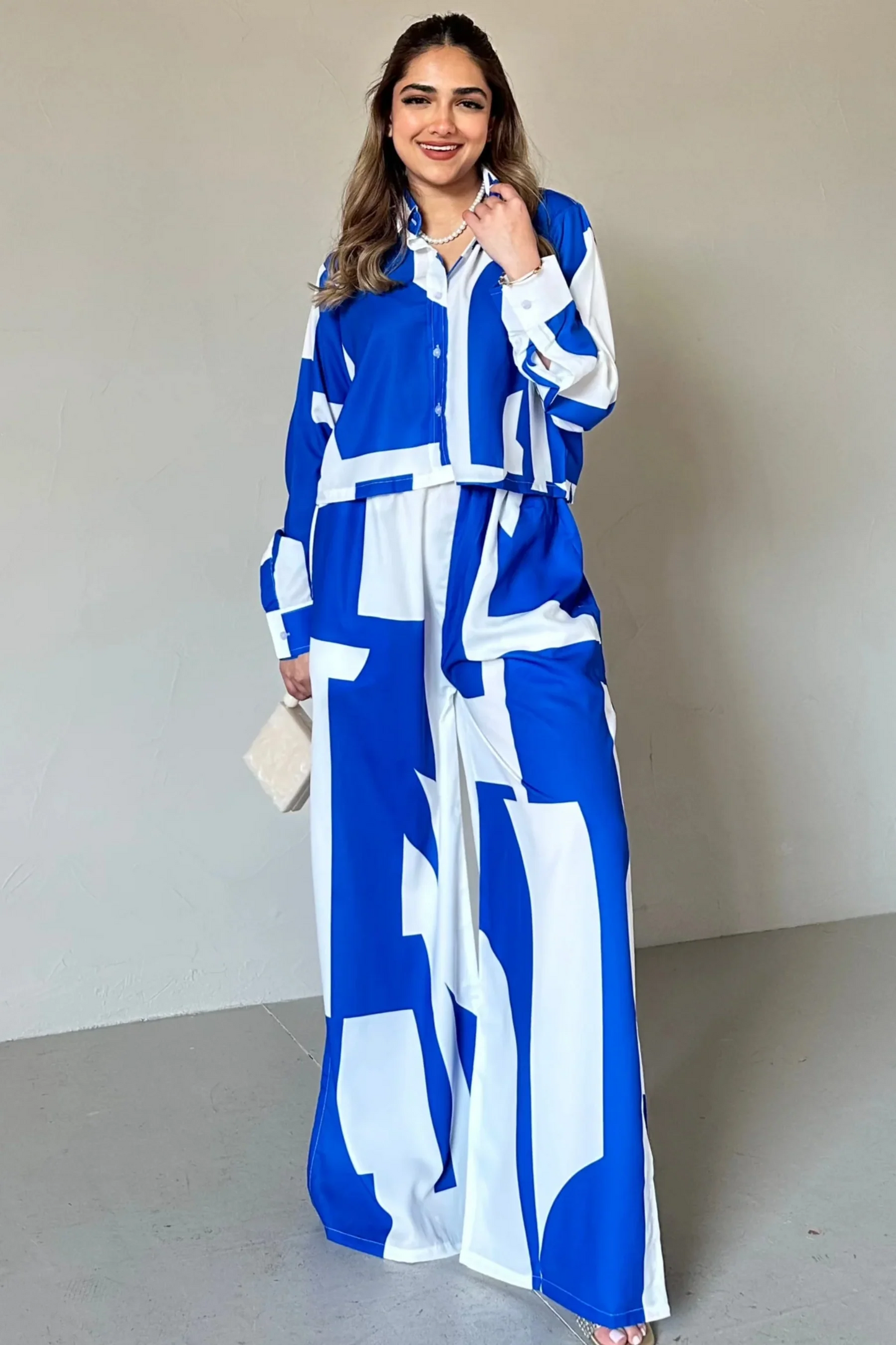 Azure Geometry Co-ord Set – Electric Blue & White Statement Wear