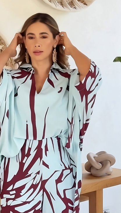 Celeste Wave Printed Co-ord Set – Sky Blue & Maroon