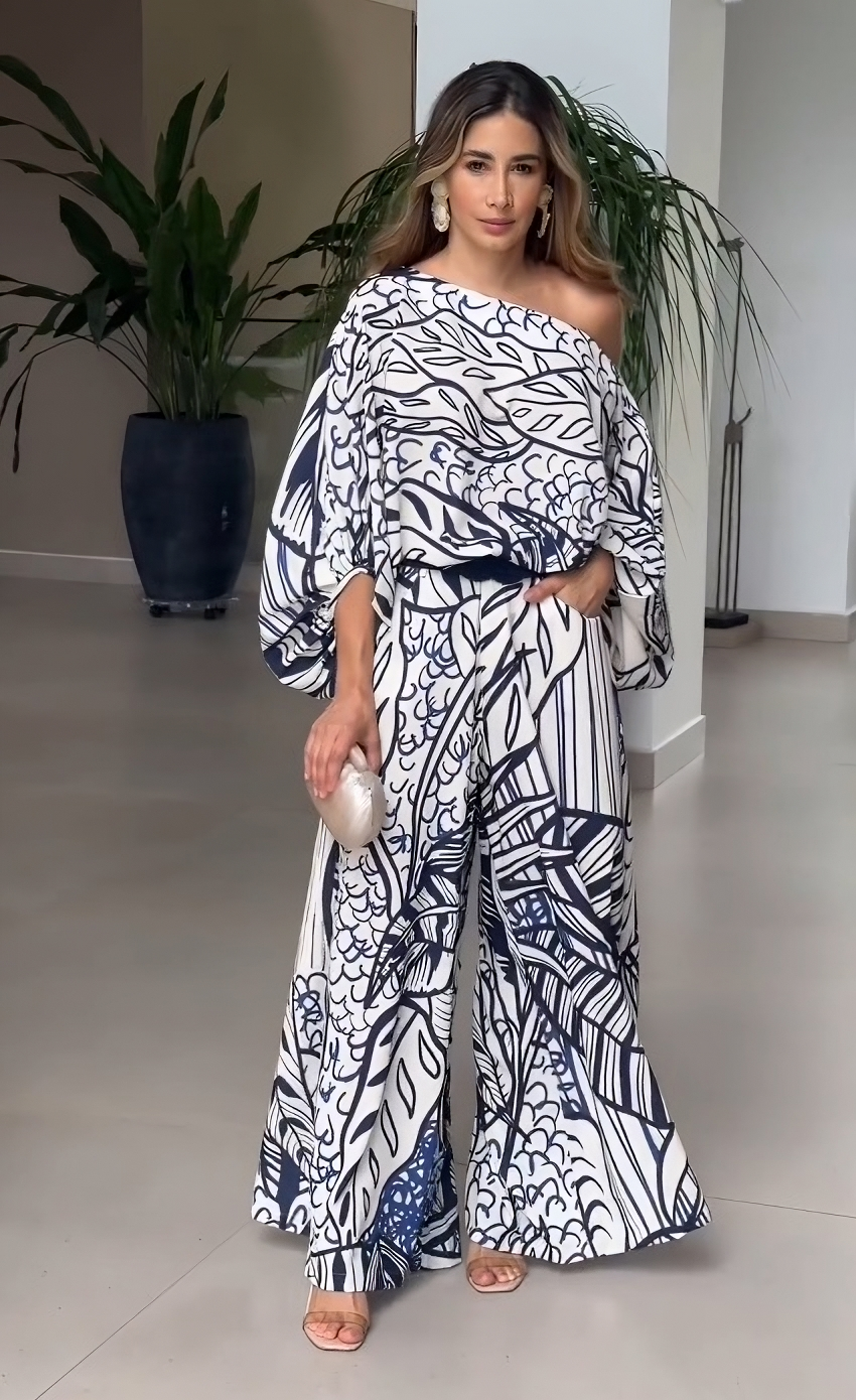 Azure Bloom One-Shoulder Printed Co-ord Set – White & Navy