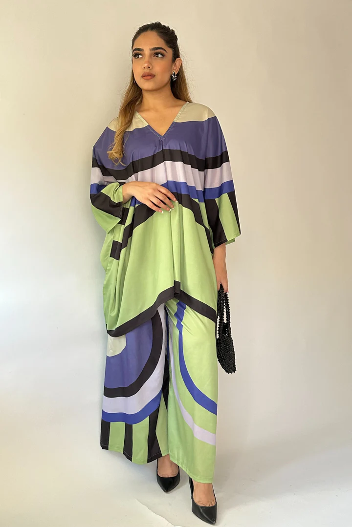 Green Aurora Silk Co-ord Set – Luxe Geometric Chic