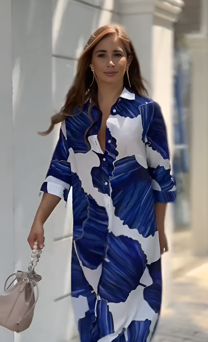 Ocean Bloom Abstract Maxi Shirt Dress – Blue & White