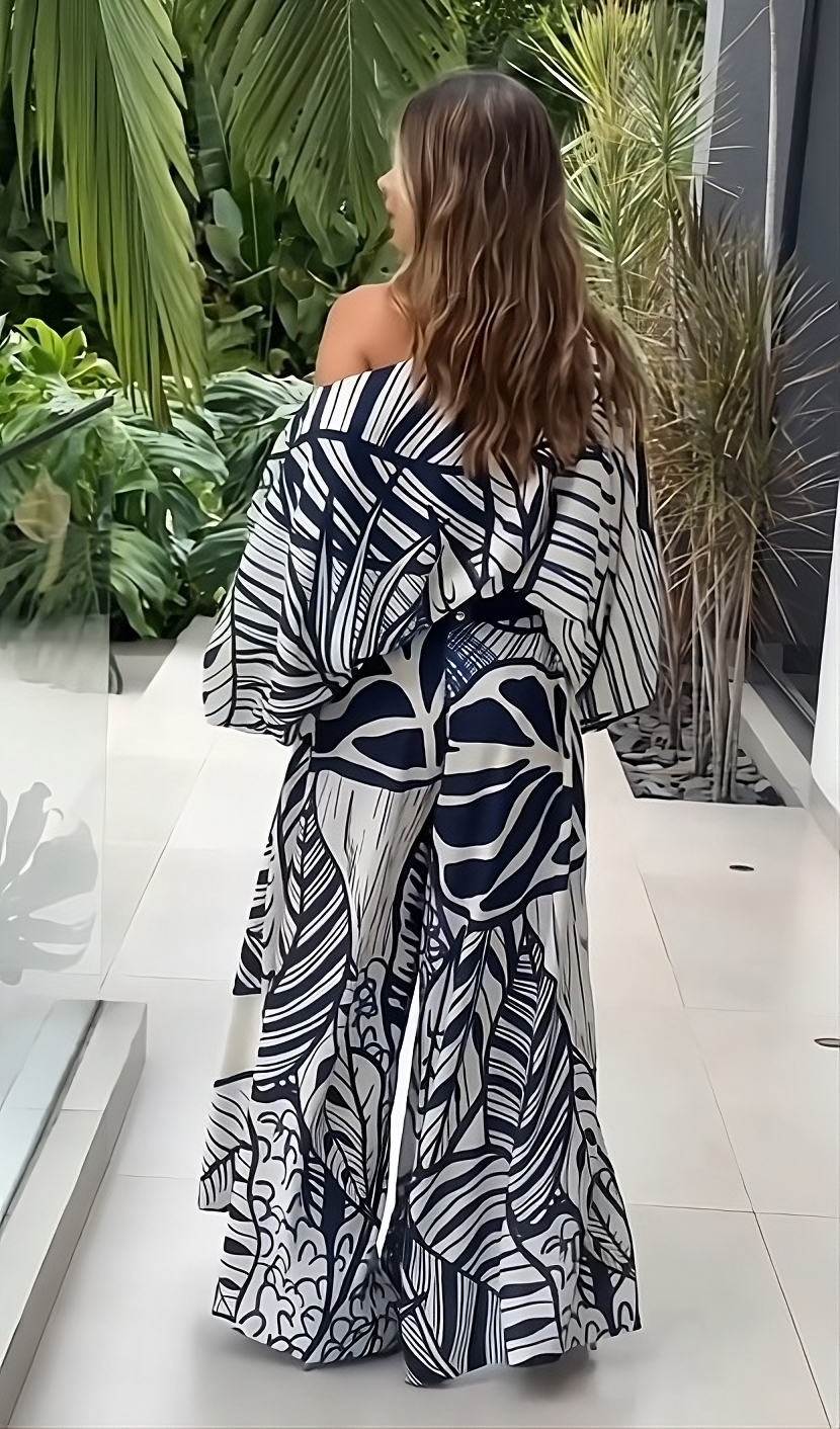 Azure Bloom One-Shoulder Printed Co-ord Set – White & Navy