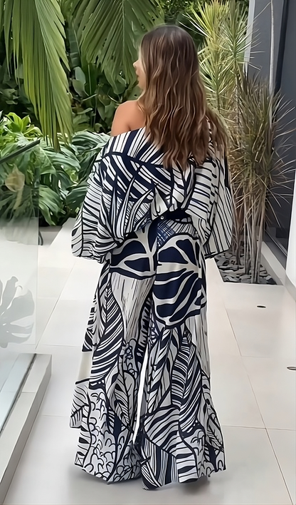 Azure Bloom One-Shoulder Printed Co-ord Set – White & Navy