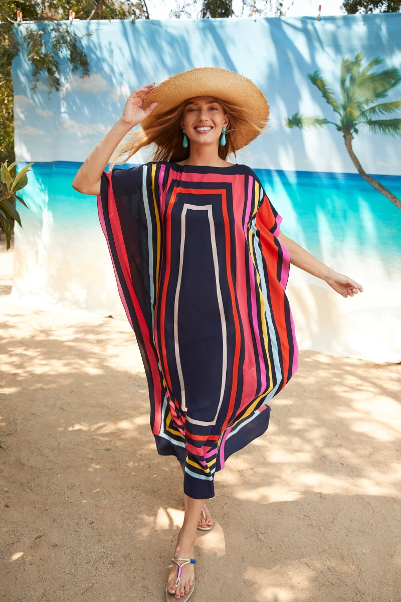 Navy Blue Multicolor Graphic Stripe Kaftan
