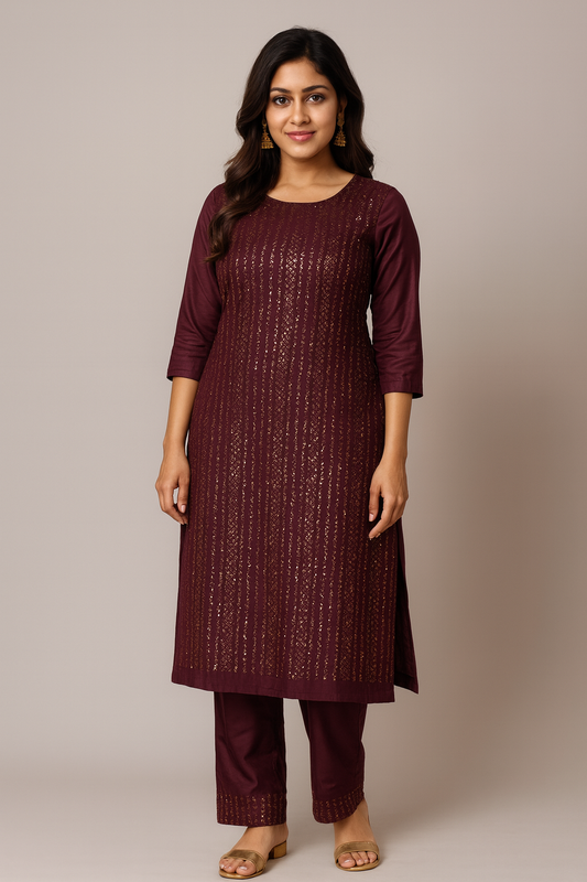 Rayon Sequin Work Kurta Pant Set – Wine Shine Edition