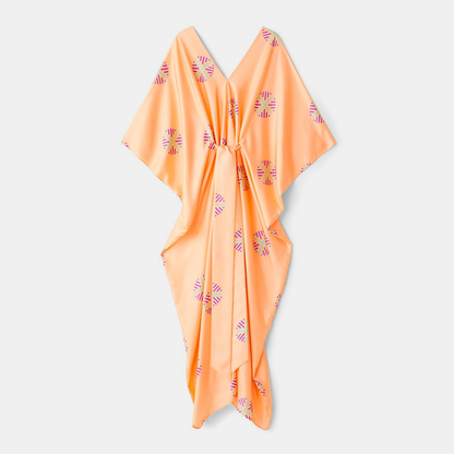 Peach Satin Silk Embroidered Belted Kaftan