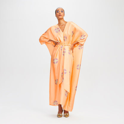Peach Satin Silk Embroidered Belted Kaftan