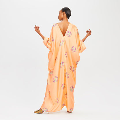 Peach Satin Silk Embroidered Belted Kaftan