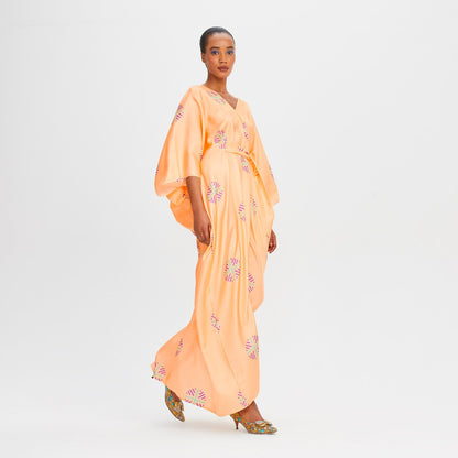 Peach Satin Silk Embroidered Belted Kaftan