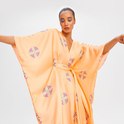 Peach Satin Silk Embroidered Belted Kaftan