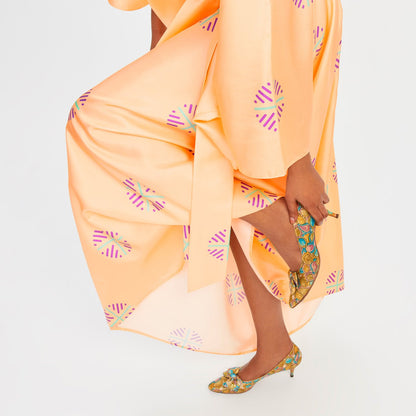 Peach Satin Silk Embroidered Belted Kaftan