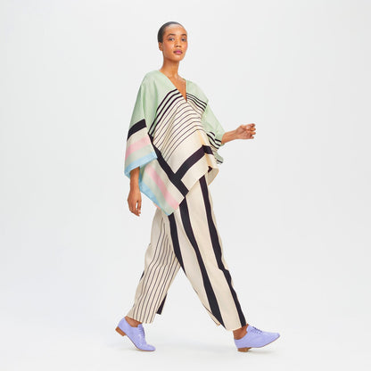 Mint Green & Ivory Striped Silk Co-ord Set (Kaftan Top & Wide-Leg Pants)