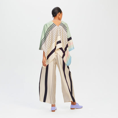 Mint Green & Ivory Striped Silk Co-ord Set (Kaftan Top & Wide-Leg Pants)