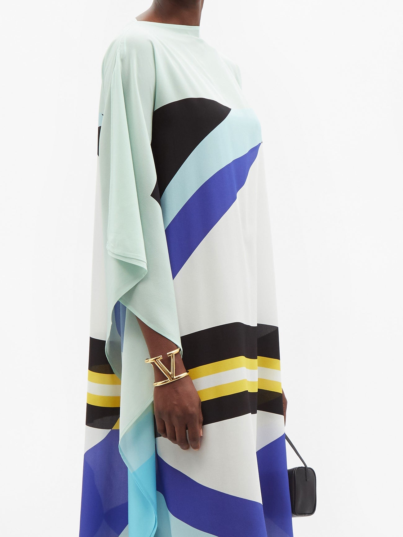 Mint Blue Multicolor Striped Silk Kaftan Dress
