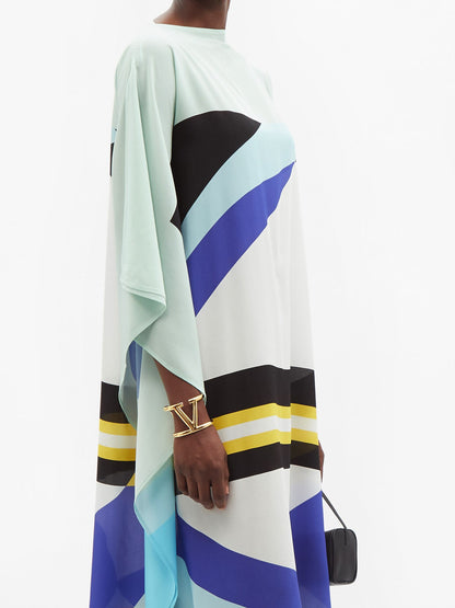 Mint Blue Multicolor Striped Silk Kaftan Dress
