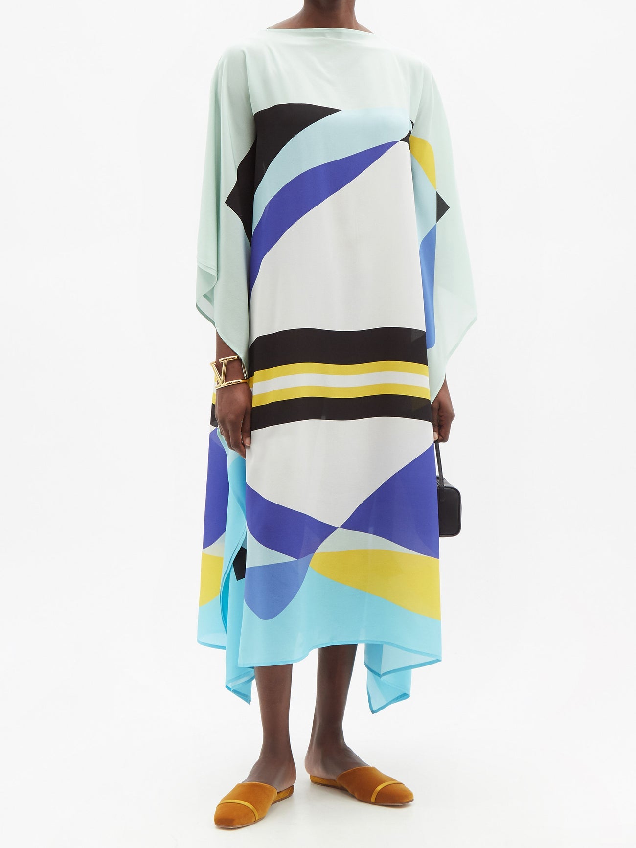 Mint Blue Multicolor Striped Silk Kaftan Dress