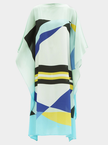 Mint Blue Multicolor Striped Silk Kaftan Dress