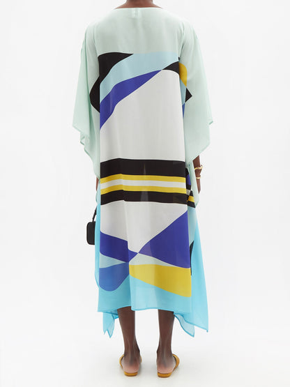 Mint Blue Multicolor Striped Silk Kaftan Dress
