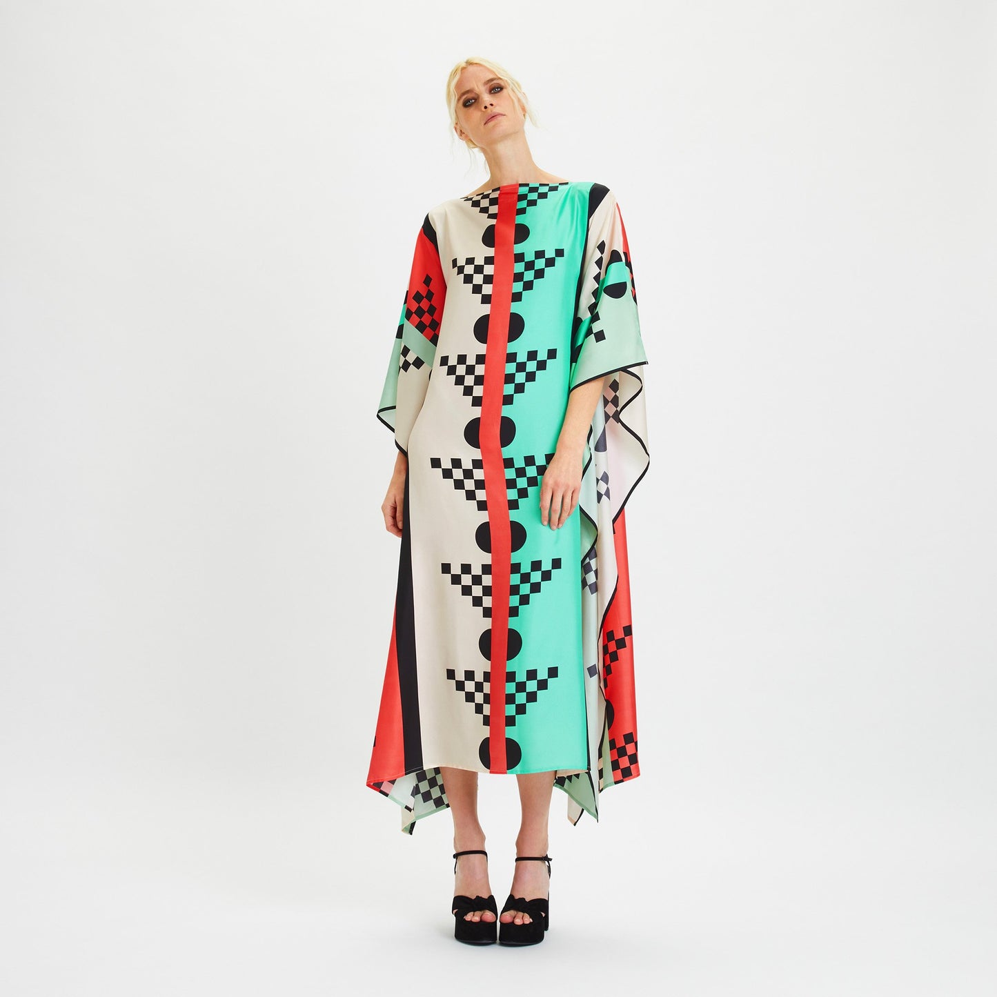 Geometric Check & Stripe Silk Kaftan Dress – Aqua Red Multicolor