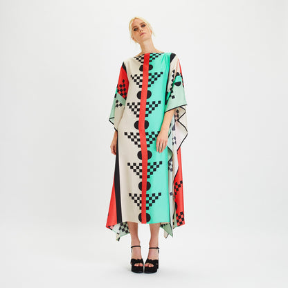 Geometric Check & Stripe Silk Kaftan Dress – Aqua Red Multicolor